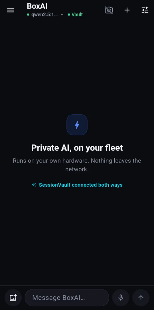 BoxAI on the Android test phone: header shows model qwen2.5:14b and a green Vault badge; the start screen reads Private AI, on your fleet, Runs on your own hardware, SessionVault connected both ways.